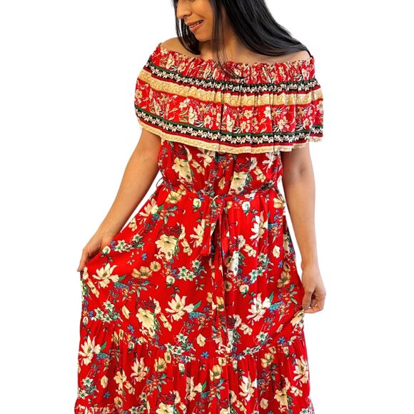 Red and Yellow Floral Printed Off Shoulder Maxi Dress - Picture 2 of 5